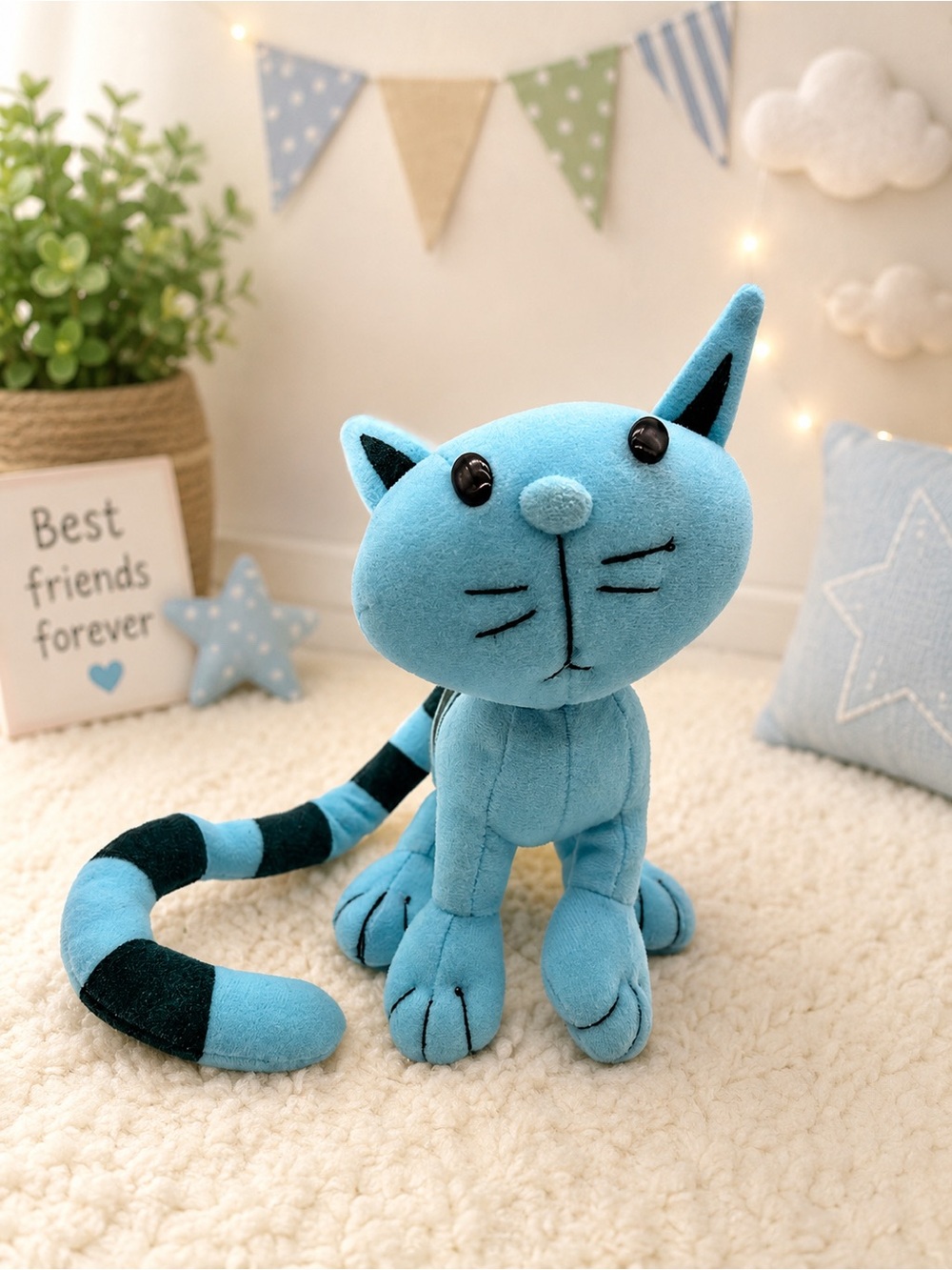 Vintage Playskool Bob The Builder Pilchard Blue Cat Plush Y2K Stuffed Animal